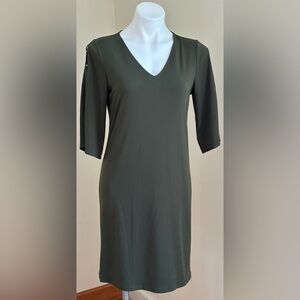 MICHAEL KORS Olive Green Sheath Dress V-Neck 3/4 Sleeves Slits Gold Hardware SzS